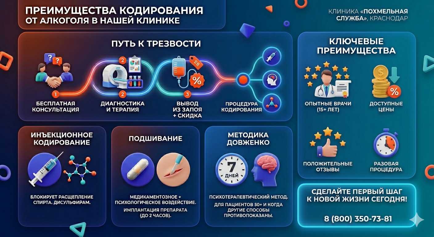 Инфографика о методах кодирования от алкоголя в Донском: инъекции, подшивание, метод Довженко. Преимущества клиники и этапы лечения.